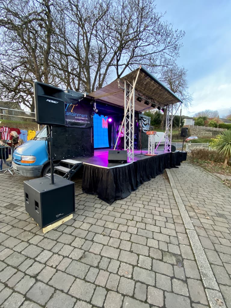 rotherham mobile stage van lighting pa system loud speaker microphone christmas light switch on hire uk