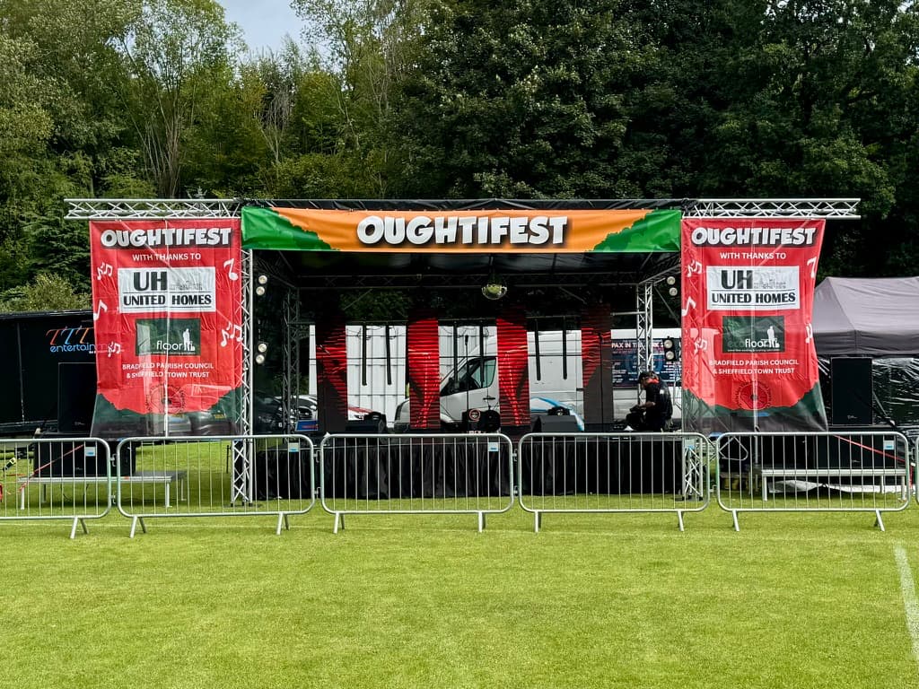 sheffield festival truss stage pa system loud speaker ohm trs lighting beam led production hire uk